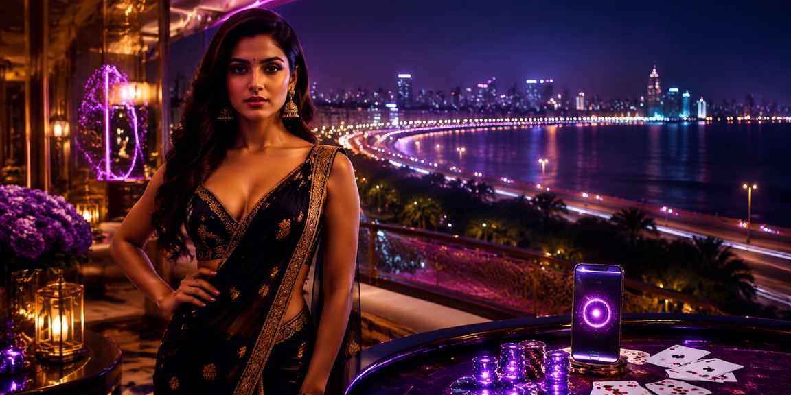 Neon-lit poker game on mobile device in Mumbai